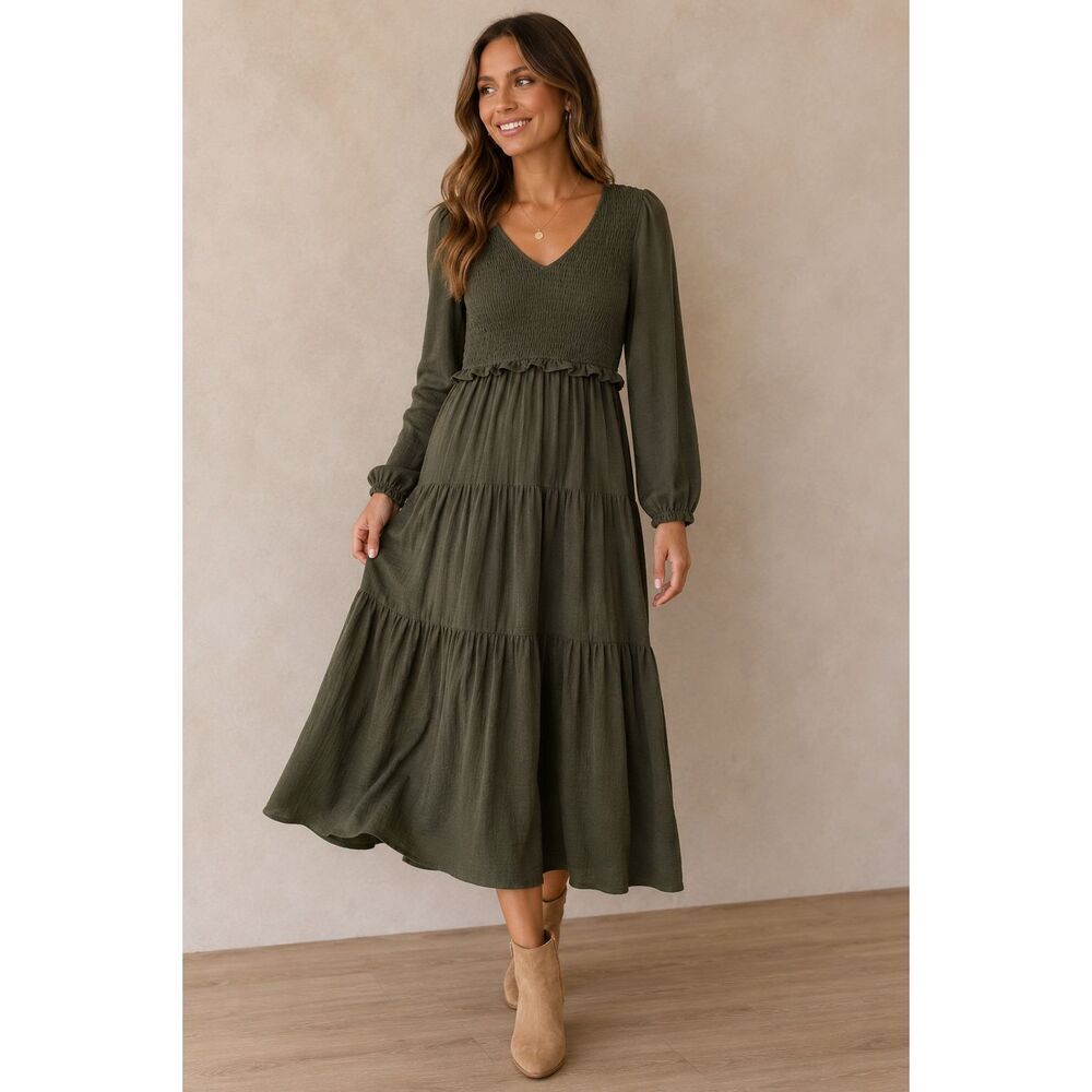 Doe and Rae Olive Smocked Midi Dress Small Cottagecore Boho